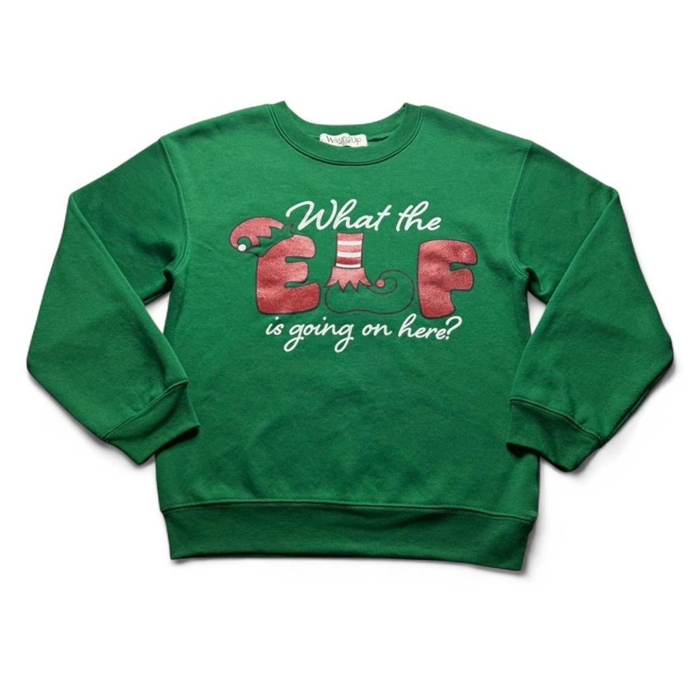 Wound Up Sweatshirt Womens XS Green What The Elf IS Going On Christmas Top